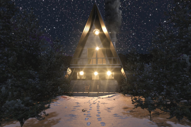 星夜冬雪景观中a型框架木屋的3d渲染图片下载