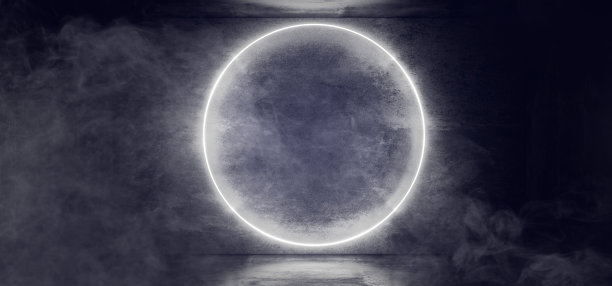 抽象科幻现代未来主义烟雾暗室与白色霓虹灯发光圆形管空黑暗反射背景3D渲染图片下载