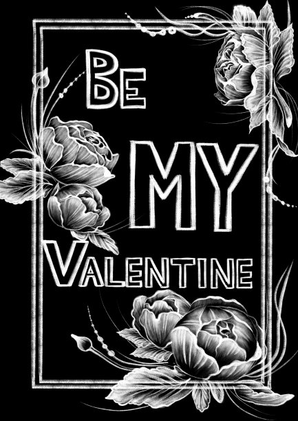 粉笔画风格的白花，框架和书法字在平黑色的背景图片下载