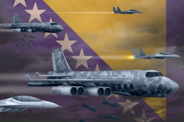 波斯尼亚和黑塞哥维那空军轰炸打击概念。波斯尼亚和黑塞哥维那军机在国旗背景上投下炸弹。三维演示图片下载
