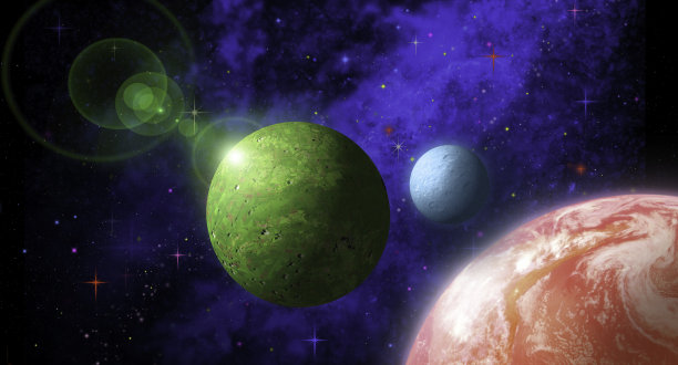 红色和绿色行星与镜头耀斑外太空-幻想科幻小说墙纸图片下载