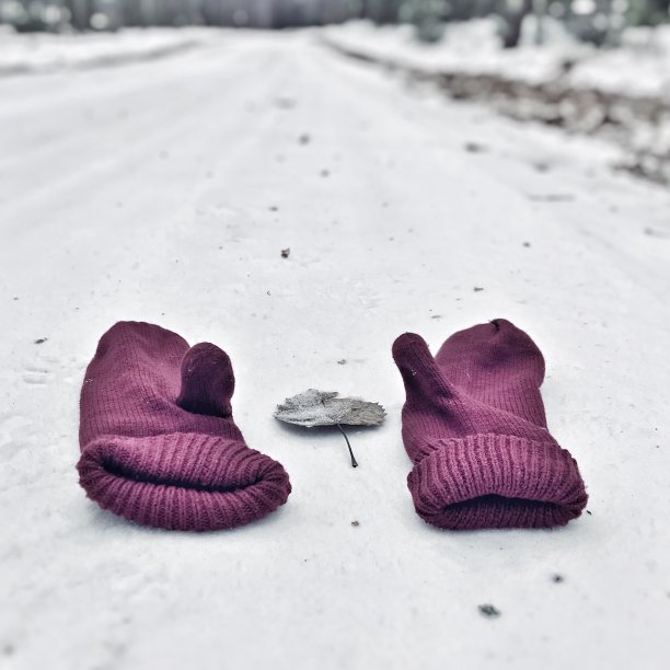 一双栗色的古董连指手套躺在一个冬季风景的道路上图片下载