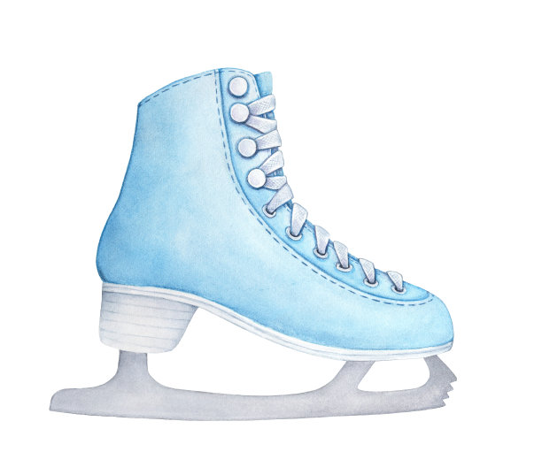 浅蓝色花样溜冰鞋与钢刀片，白色鞋底和鞋带。冬季活动的美丽象征。一个物体，侧视图。图片下载