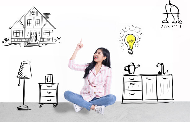 迷人的年轻亚洲女商人思考孤立的白人背景。图片下载