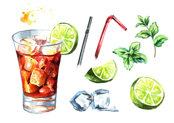 古巴自由鸡尾酒套装。水彩手绘插图，孤立的白色背景素材图片