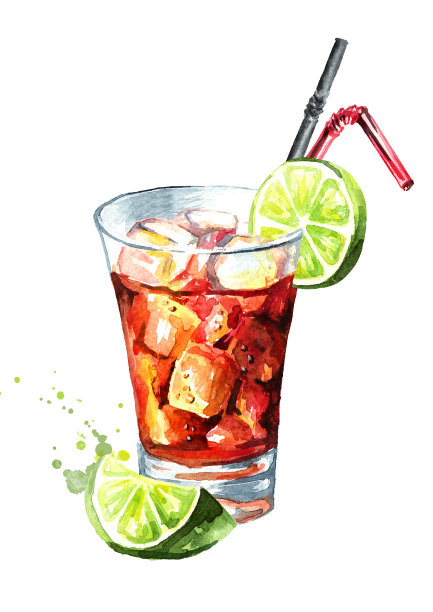 一杯古巴利布鸡尾酒配酸橙。水彩手绘插图，孤立的白色背景素材图片