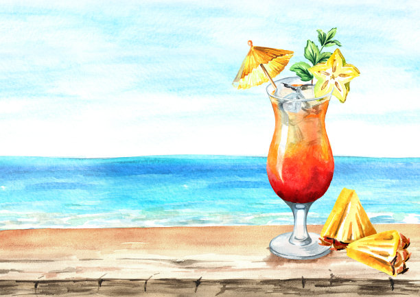 一杯有装饰的鸡尾酒。夏天喝。背景与空白的文字。水彩手绘插图图片下载