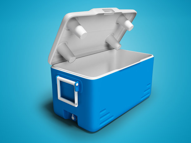 蓝色冰箱便携式打开冷却饮料孤立的3d渲染在蓝色背景与阴影图片下载
