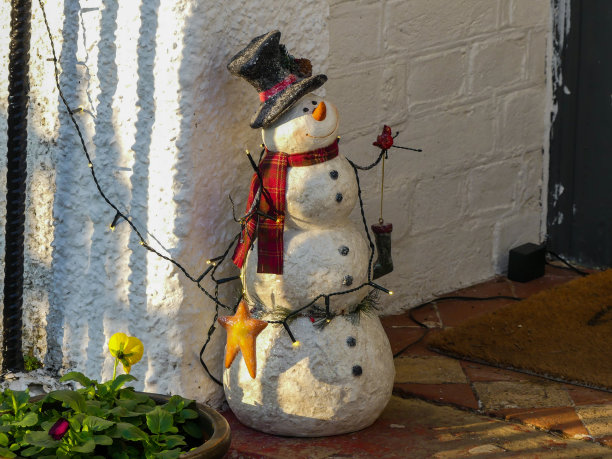 门前台阶上的雪人模型，围巾，帽子和仙女灯图片下载