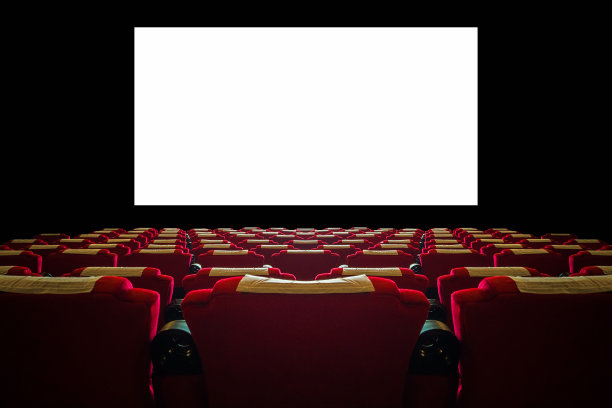 电影院大厅有红色的座位和宽大的白色屏幕图片下载