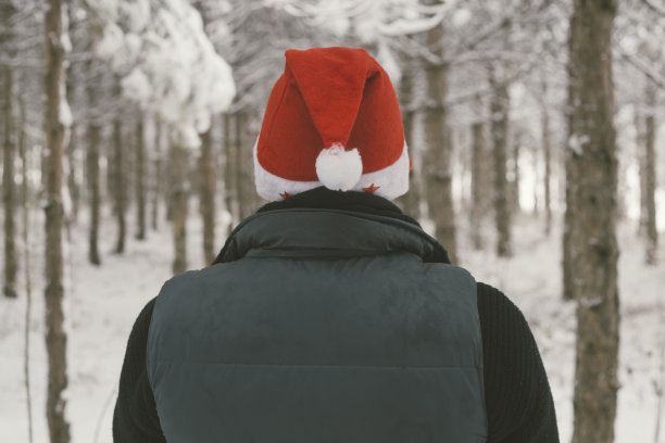 快乐的成年人戴着红色的圣诞老人帽在户外的森林覆盖着雪图片下载