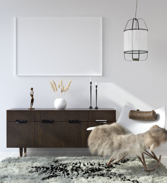 模拟海报框架在家庭室内背景，波西米亚风格的客厅图片下载