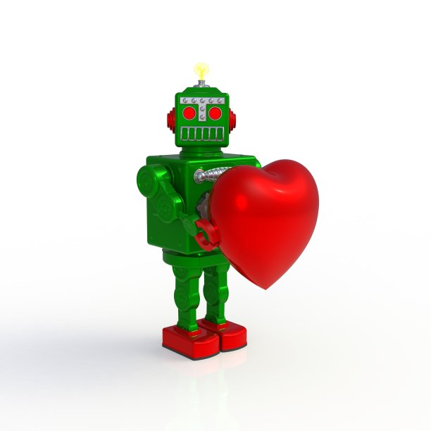 绿色复古机器人抱着心脏3d插图孤立在白色背景上，情人节的概念图片下载