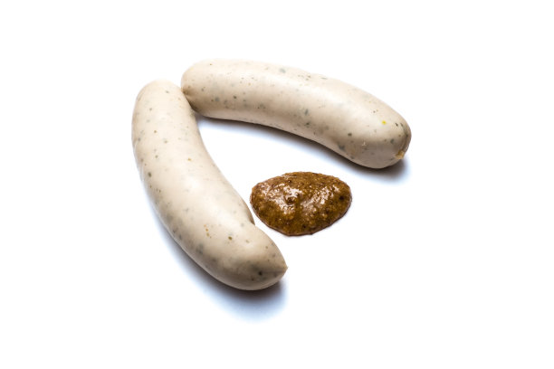 白香肠和甜芥末分离在白色背景图片下载