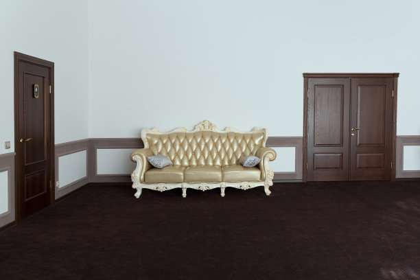 一个经典的沙发，金色的皮革装饰背靠一面墙和一扇棕色的门。图片下载