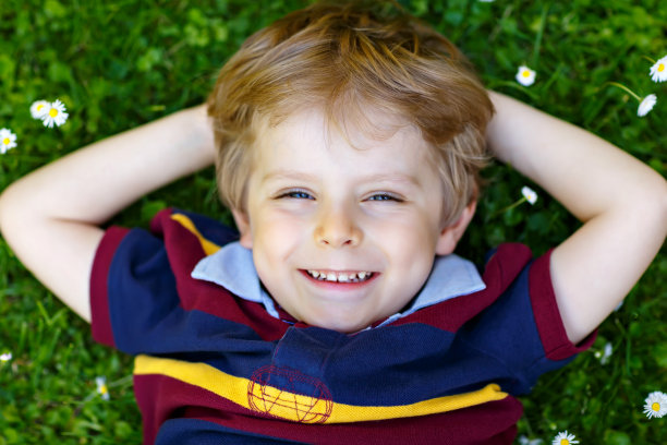 快乐的金发小男孩，蓝眼睛的小男孩躺在公园里雏菊盛开的草地上。图片下载