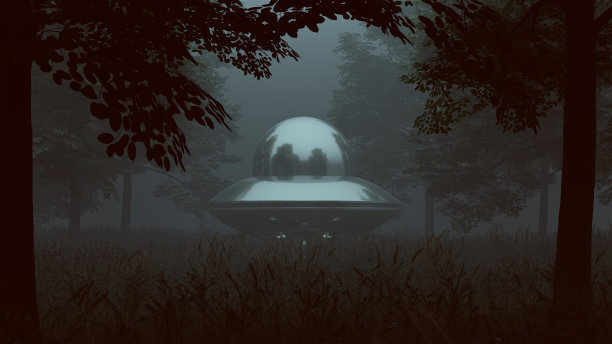 银色不明飞行物降落在一片绿树成荫的空地图片下载