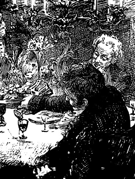 维多利亚时期黑白插图的有钱人坐在餐桌前喝酒;四个乔治1879年图片下载