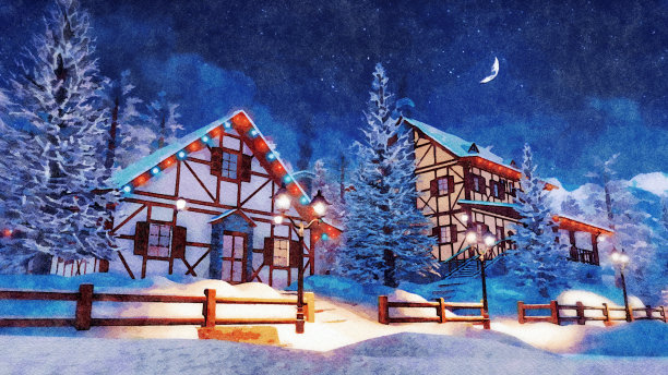 雪山小镇的冬夜水彩画图片下载