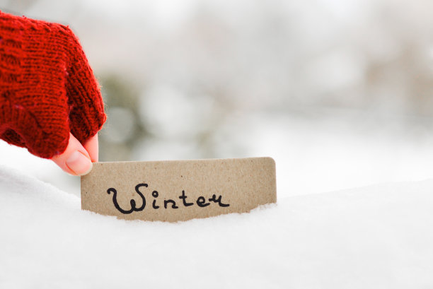 手拿卡片在冬天公园。副本的空间。冬天的文字在卡片上。图片下载