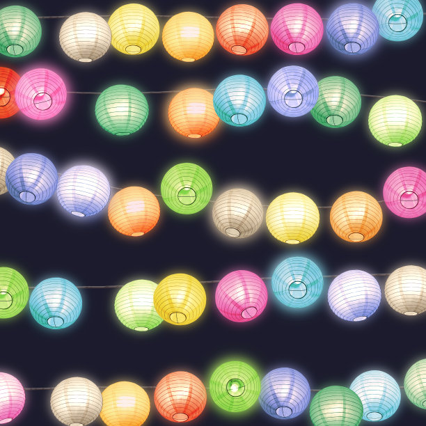 晚上装饰多彩的纸灯笼图片下载