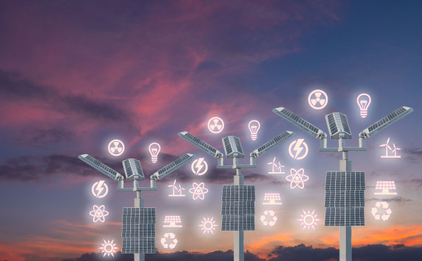 太阳能led灯像素在柱子上从图标在背景。图片下载