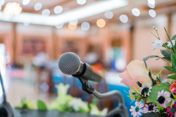 麦克风上抽象模糊的演讲在会议室或会议厅的舞台上灯光与鲜花，事件背景。商务演讲概念图片下载