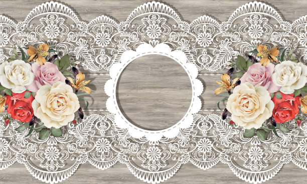 3d墙纸，玫瑰花束和白色蕾丝木制背景。图片下载