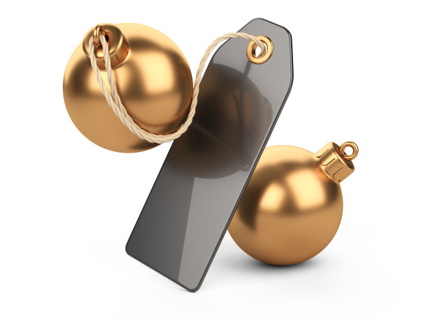 字体的金色圣诞树装饰玩具与标签。大百分比标志-折扣概念。图片下载