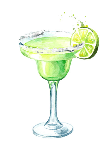 经典玛格丽塔鸡尾酒加酸橙和盐。水彩手绘插图，孤立的白色背景图片下载