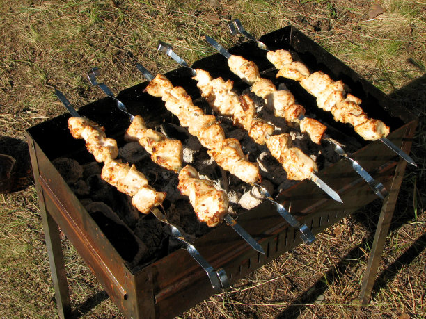 在夏天的阳光下，在森林里的烤架上烤鸡。图片下载