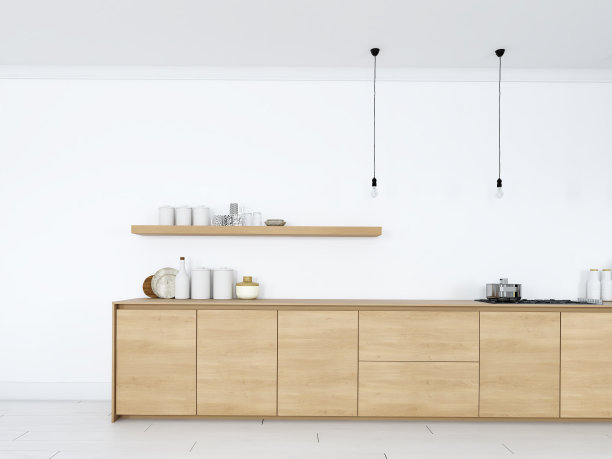在阁楼公寓的现代北欧厨房的正面视图。三维渲染图片下载