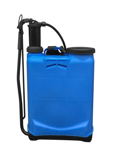 蓝色塑料花园喷雾器孤立在白色背景图片下载