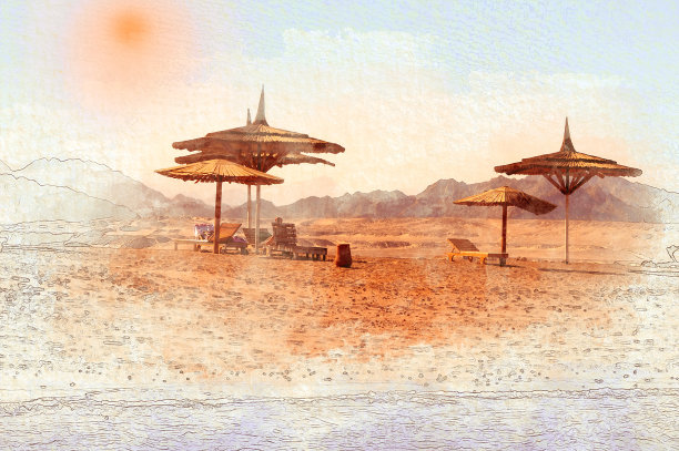 沙丘和山脉海滩水彩风格明信片拼贴图片下载