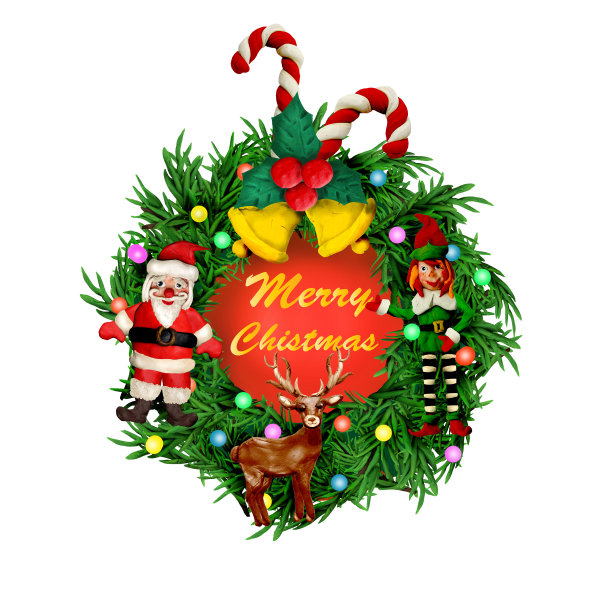 圣诞橡皮泥花环用圣诞老人、小鹿、小精灵玩具装饰孤立上白色图片下载