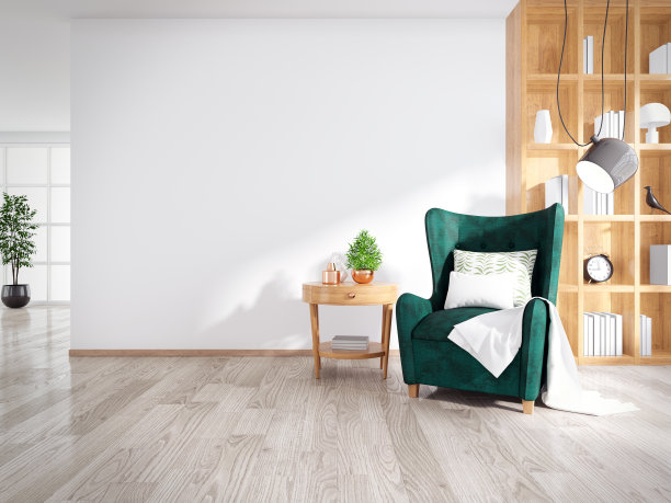现代世纪中期和极简主义的室内客厅，绿色扶手椅和木桌在白色墙壁和木地板，3d渲染图片下载