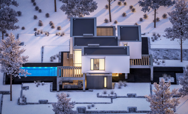 3d渲染现代舒适的房子花园凉爽的冬夜图片下载