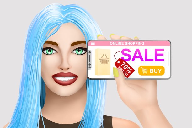 概念销售网上购买。画在彩色背景上的美丽女孩。插图图片下载