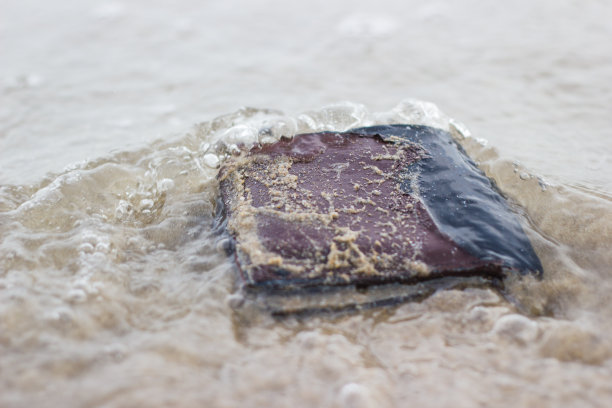 旧皮革钱包与溺水在海滩图片下载