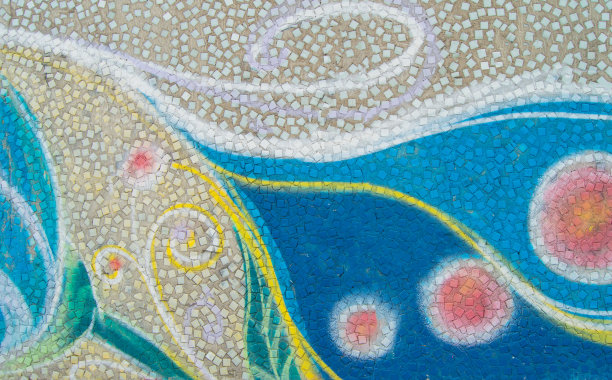 多色的幻想图案在墙上镶嵌，背景是儿童的绘画图片下载