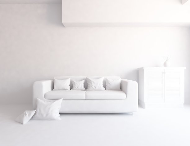 白色斯堪的纳维亚房间内部的想法与大的墙壁和白色景观的窗户。北欧室内。三维演示图片下载