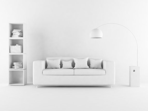 白色斯堪的纳维亚房间内部的想法与大的墙壁和白色景观的窗户。北欧室内。三维演示图片下载