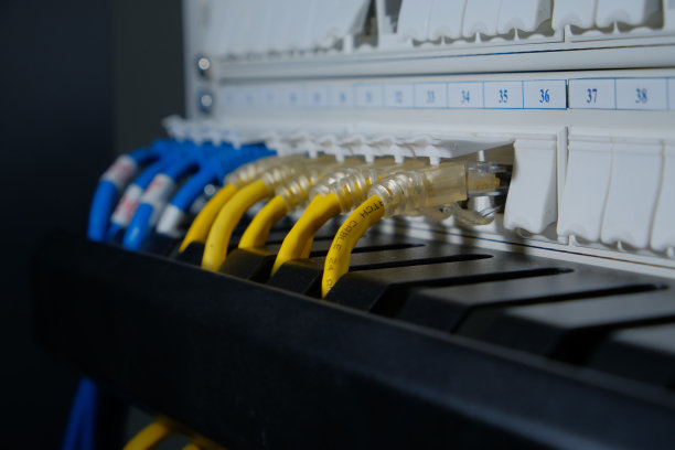 rj45数据服务器室接线板上的连接器或UTP cat6电缆。近距离模糊背景。图片下载