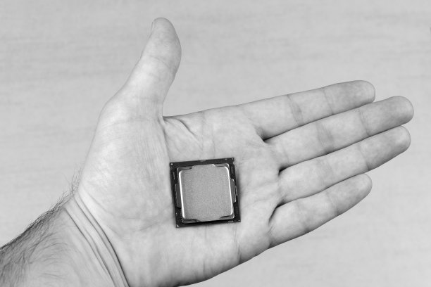 桌面处理器第8代上一个男性掌心上灰色背景的特写俯视图，黑白照片图片下载