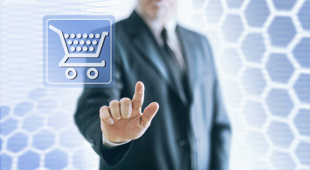 商人在虚拟空间中点击购物车按钮图片下载