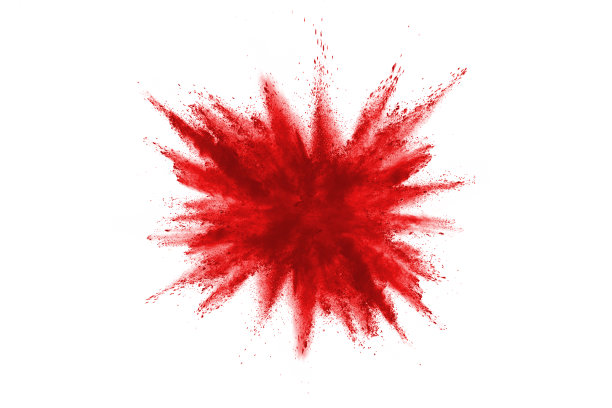 白色背景上的红色粉末爆炸。彩色的云。色彩斑斓的粉尘爆炸。油漆胡里节。图片下载