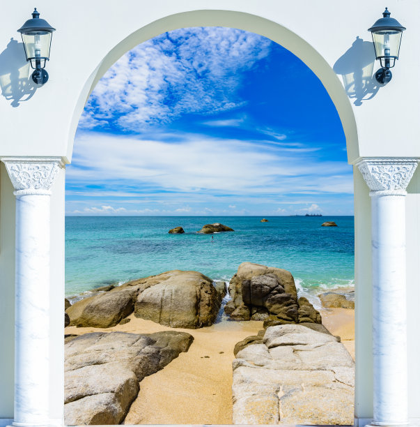 木制开门拱门出口到海滩加勒比海图片下载