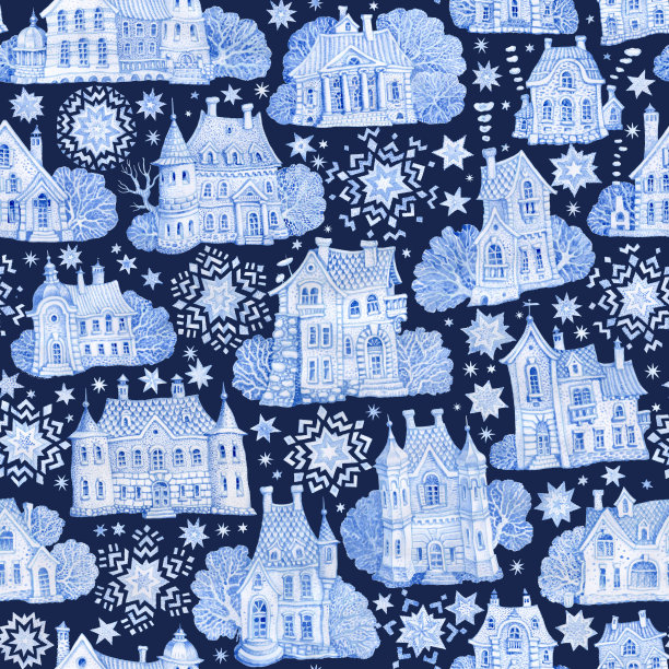 无缝图案的幻想建筑与圣诞星和雪花。手绘的蓝色水彩童话老城房子孤立在一个深蓝色的背景。冬季景观墙纸、包装纸图片下载