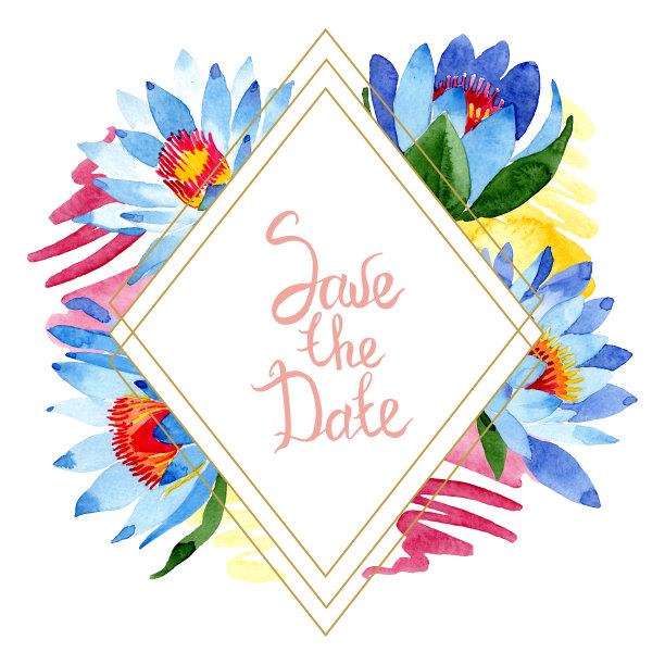 蓝莲花。花卉植物的花。边框装饰方形。水彩背景插图集。图片下载