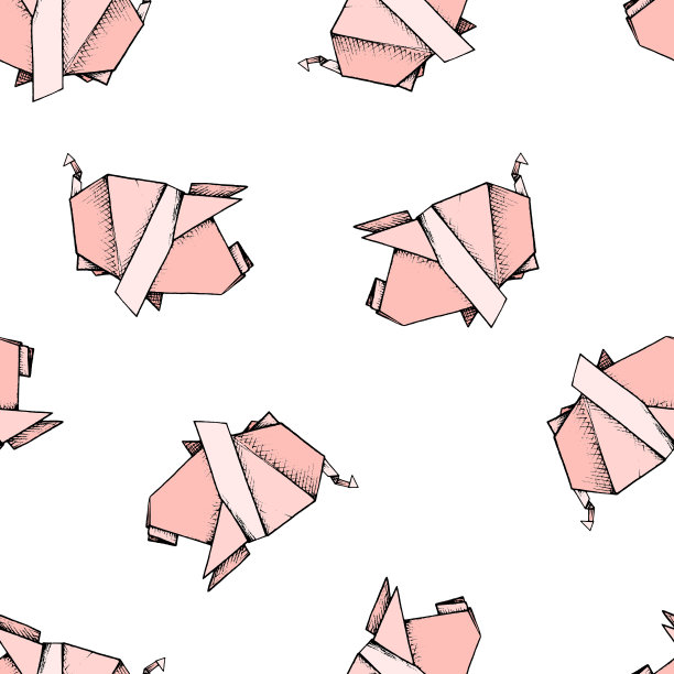 折纸-无缝模式与粉红色的猪图片下载